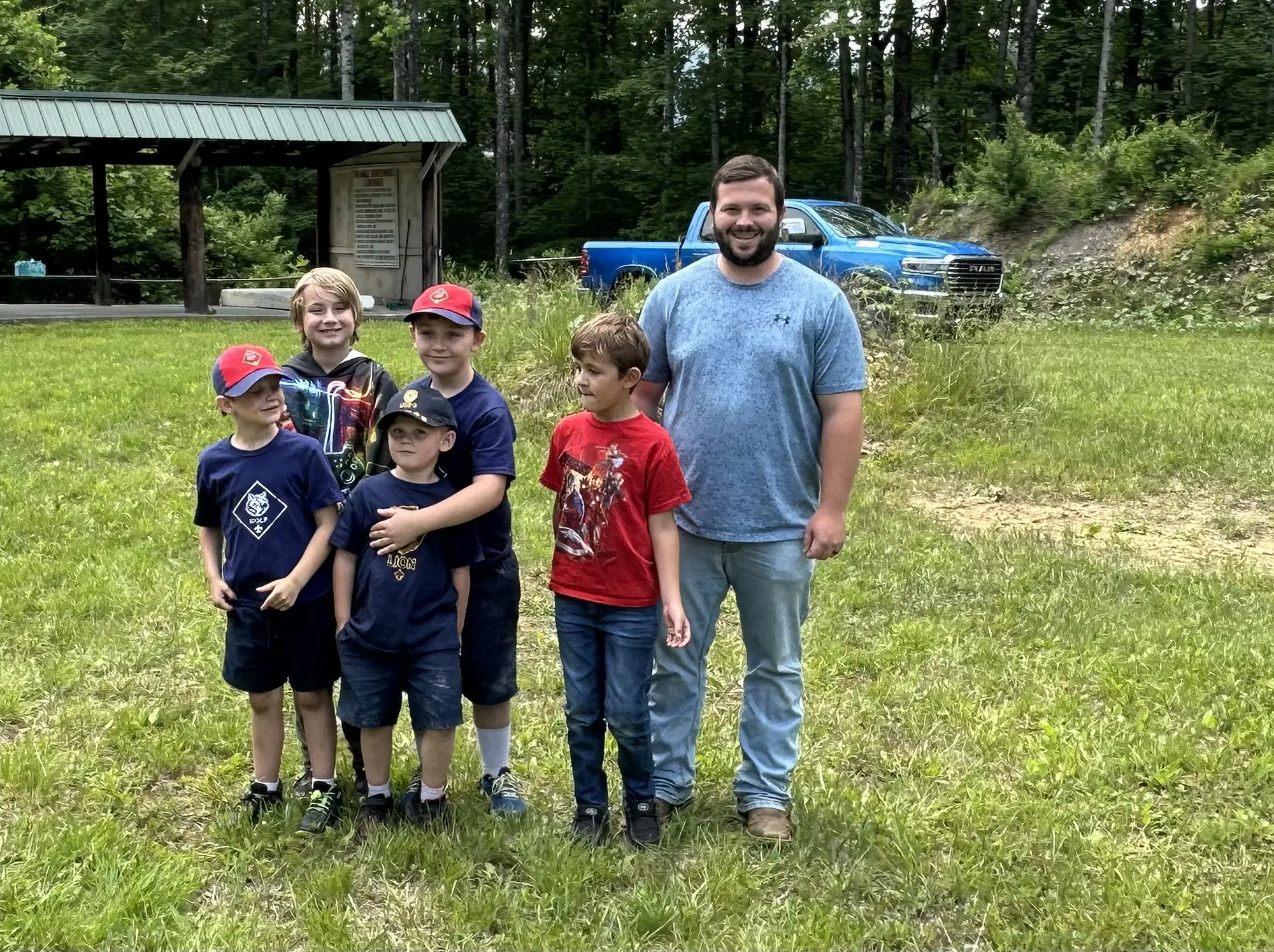 Boy Scouts with their leader after marksmanship training at the range. Tri-Angle Sportsmen's Club, Bluefield, Virginia