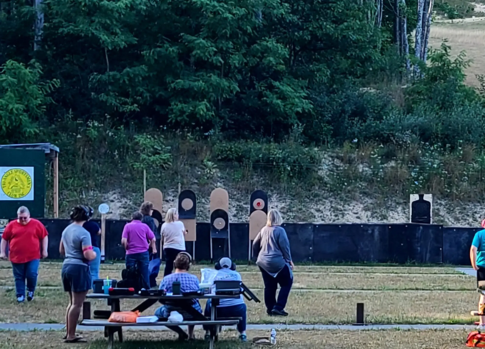 Women shooting on the pistol range at a Ladies Night. Tri-Angle Sportsmen's Club, Bluefield, Virginia